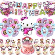 67 Pcs Hello Kitty Birthday Decorations, Kitty Party Supplies Include Birthday Banner, Hanging Swirls, Cake Topper, Cupcake Toppers and Kitty Foil Balloons for Girls Party Favors