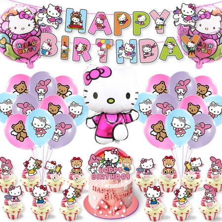 67 Pcs Hello Kitty Birthday Decorations, Kitty Party Supplies Include Birthday Banner, Hanging Swirls, Cake Topper, Cupcake Toppers and Kitty Foil Balloons for Girls Party Favors