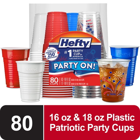 Hefty Party On Disposable Plastic Party Cups, Patriotic Assorted Colors and Festive Print, 16 oz. & 18oz., 80 Count