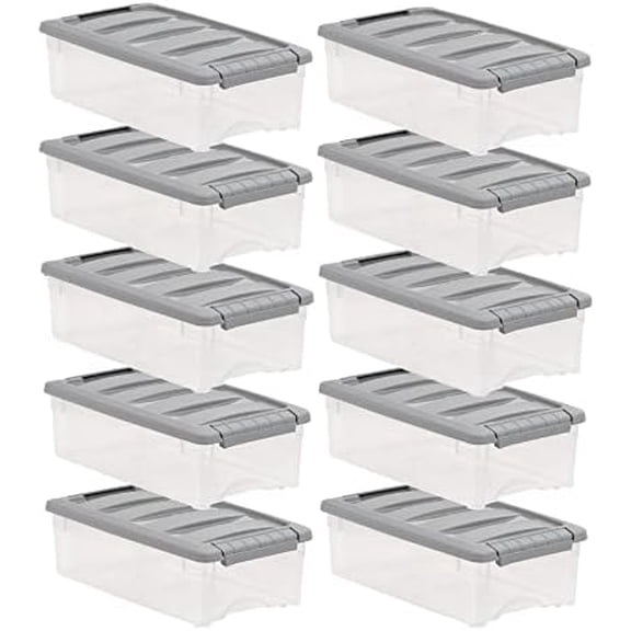 Plastic Storage Containers with Secure Latching Lids, Stackable Organization Bins for Organizing, Clear/Grey, 5 Quart, Set of 10