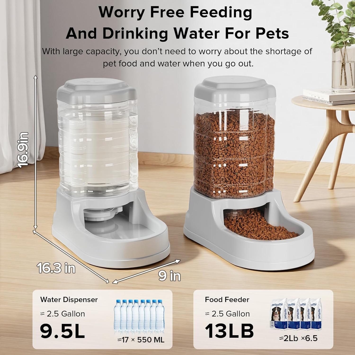 9.5L Dog Feeders and Water Bowl Set for Large Dogs, 2.5 Gallon Automatic Water Dispenser, Gravity Dog Food Dispenser