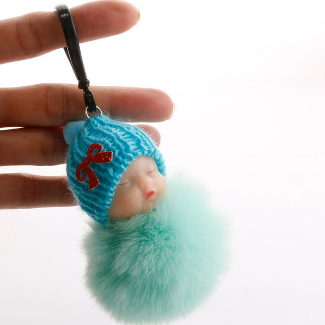 Llavero de bebé durmiendo, lindo llavero de muñeco de bebé con bola de piel sintética y bola de cristal rosa, colgante decorativo para bolso de coche, regalos para mujeres y niñas