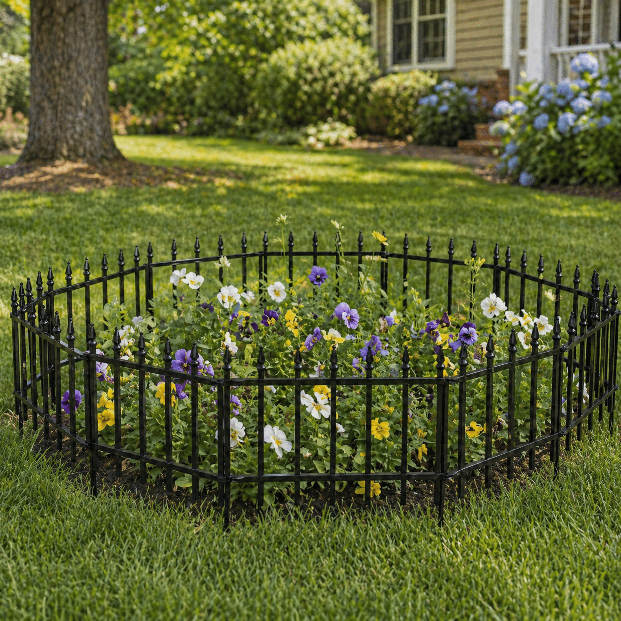 Y&M Decorative Metal Garden Fence, Roman Column Border, 12 in x 9.6 ft, 7 Panels, Black