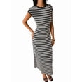 thumbnail image 3 of Women'S Striped Dress Crewneck Cap Sleeve Bodycon Knit Summer Midi Dresses Black L, 3 of 9