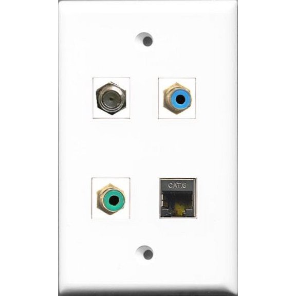 RiteAV 1 Port RCA Green and 1 Port RCA Blue and 1 Port Coax Cable TV- F-Type and 1 Port Shielded Cat6 Ethernet Wall Plate