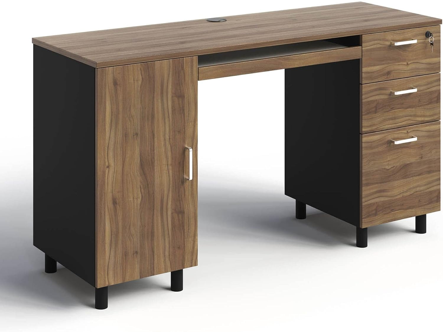 Modern Design Venice Computer Desk Great for Home Office Desk by Crafts and Comfort - 3 Drawers and CPU Storage Cabinet - Laptop Workstation with Keyboard Tray and Cable Hole - Walnut / Black