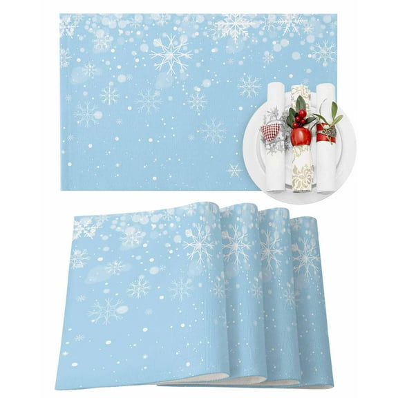 Christmas Placemats Set of 6, White Snowflake Place Mats Blue Winter Snowflake Placemat Table Decoration for Kitchen Table Dinner Xmas Holiday Party Home Decor Indoor Outdoor 13x19 Inch