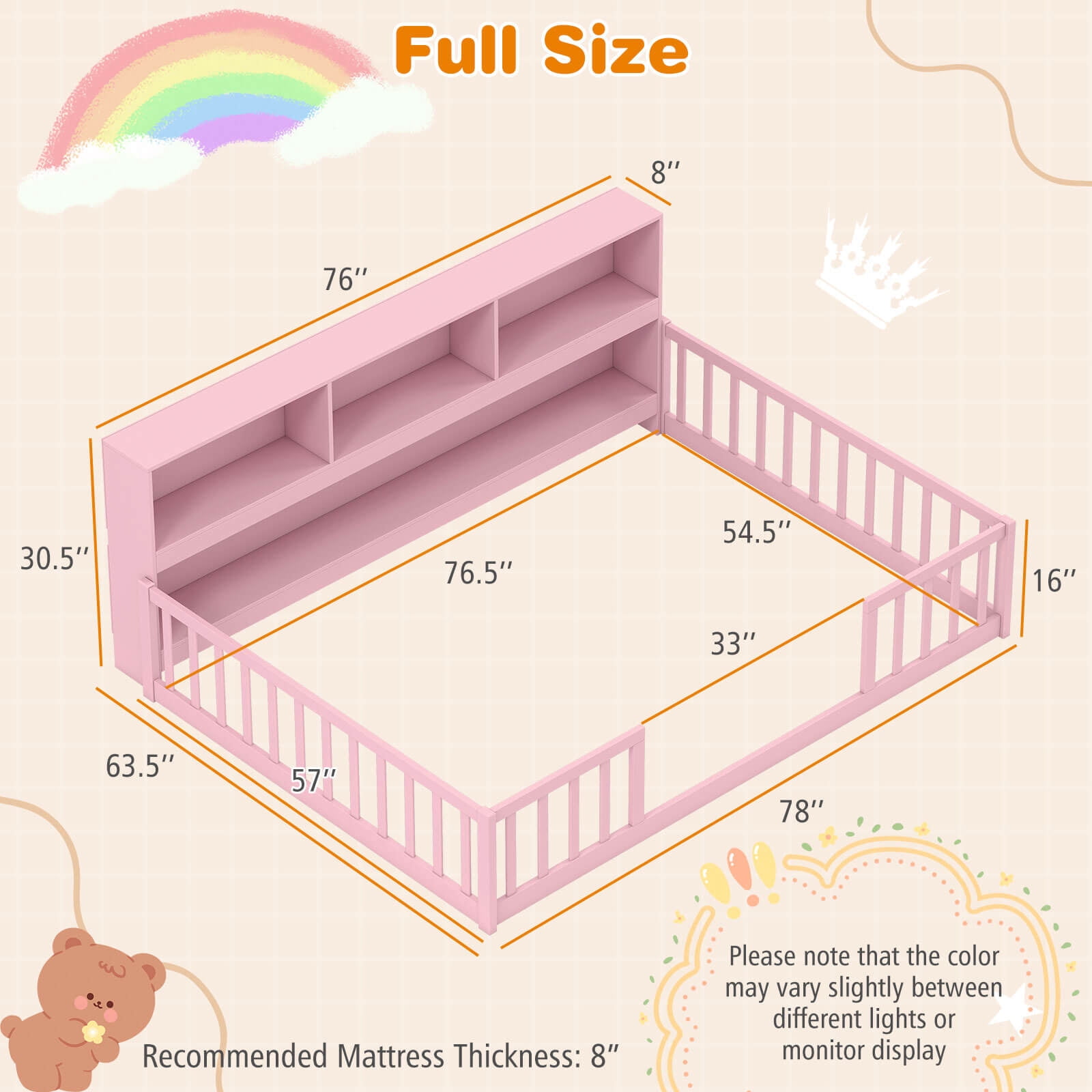 Costway Full Size Montessori Floor Bed with Bookcase Storage Shelves & Safety Fence Rails Pink
