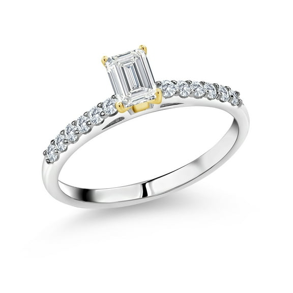 Gem Stone King 925 Silver and 10K Yellow Gold White Lab Grown Diamond Engagement Ring for Women | 0.83 Cttw | Emerald Cut 6X4MM | Gemstone April Birthstone | Size 6
