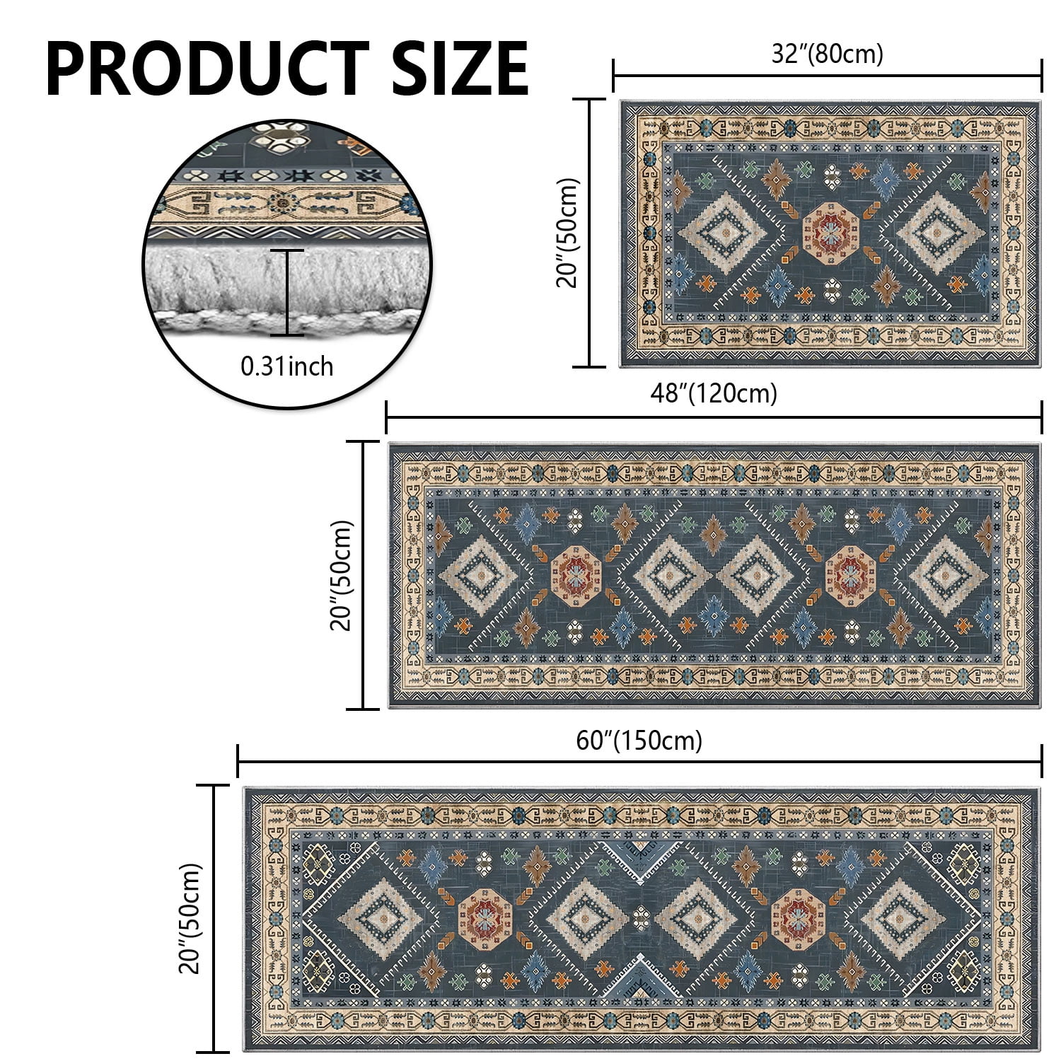 TECHVIDA Kitchen Rugs 3 Piece Set,Non Slip Machine Washable Kitchen Mats,Boho Vintage Abstract Kitchen Carpet for Farmhouse Living Room Hallway