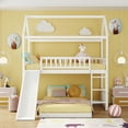 thumbnail image 2 of Kacho House Bunk Bed with Slide, Floor Bunk Bed Twin Over Twin with Safety Guardrails and Roof Design for Teens, s, Bedroom Furniture Easy Assembly, Lower Bed Convertible, White, 2 of 9
