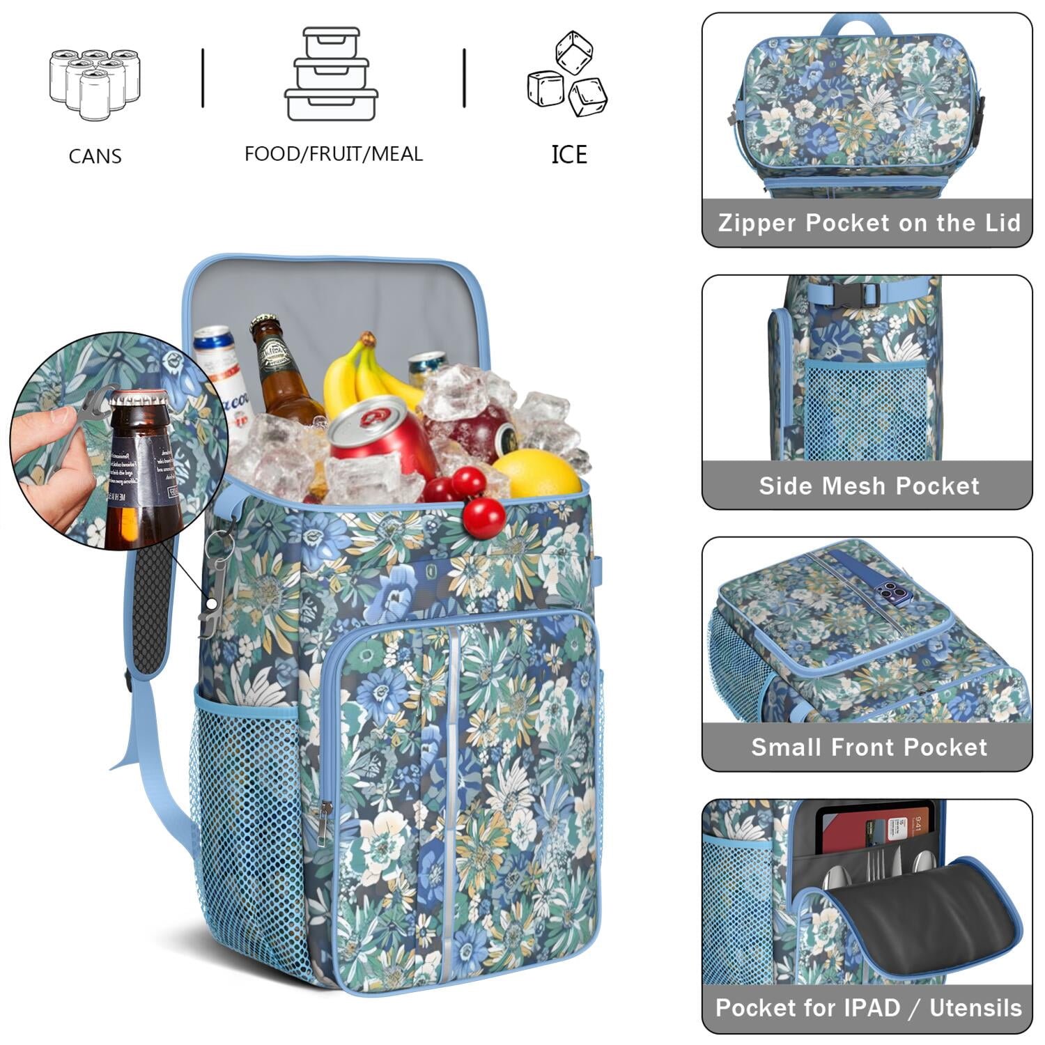 Travel Cooler Bag - Pioneer Flower Floral Print Pattern Camping Beer Cooler Backpack with Bottle Opener- Waterproof Insulated Picnic Backpacks - Cooler Bag for Beach