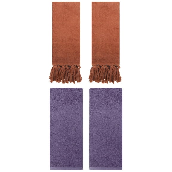 Unique Bargains 4 Pcs Solid Cotton Hand Towels Brown/Dark Purple 14" x 30"/13" x 30"