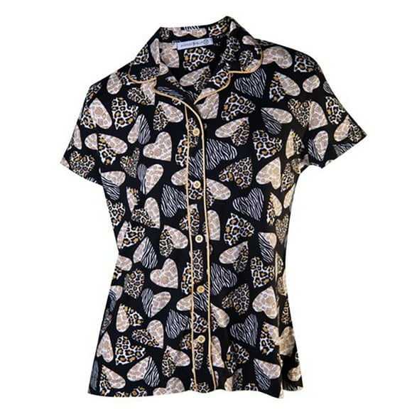 Amanda Blu Small Leopard Hearts Notched Collar Pajama Top