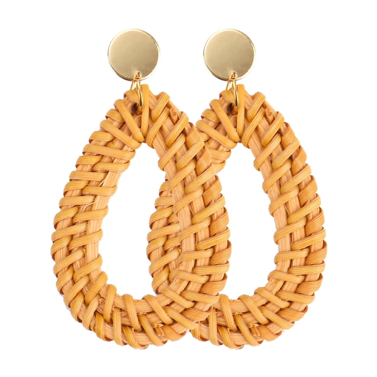 Handmade Rattan Earrings For Women - Straw Wicker Braid Drop Dangle, Lightweight Statement (Double Disc)
