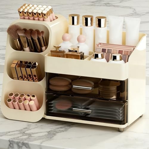 Large Makeup Organizer with Drawers, Spacious  Display Case with Brush Holder for ,  Care Storage Solution for Lipstick Eyeshadow Palettes Beauty Essential Bathroom