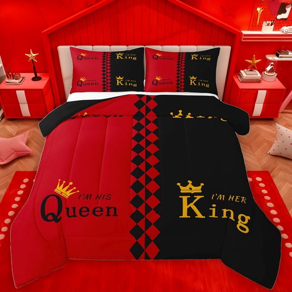 Manfei Couple Valentines Day Bedding Comforter Set, Black Red Cartoon Twin Comforter Sets, Romantic Anniversary Theme Reversible Bedding Set, Breathable Home Decor, 2-Piece