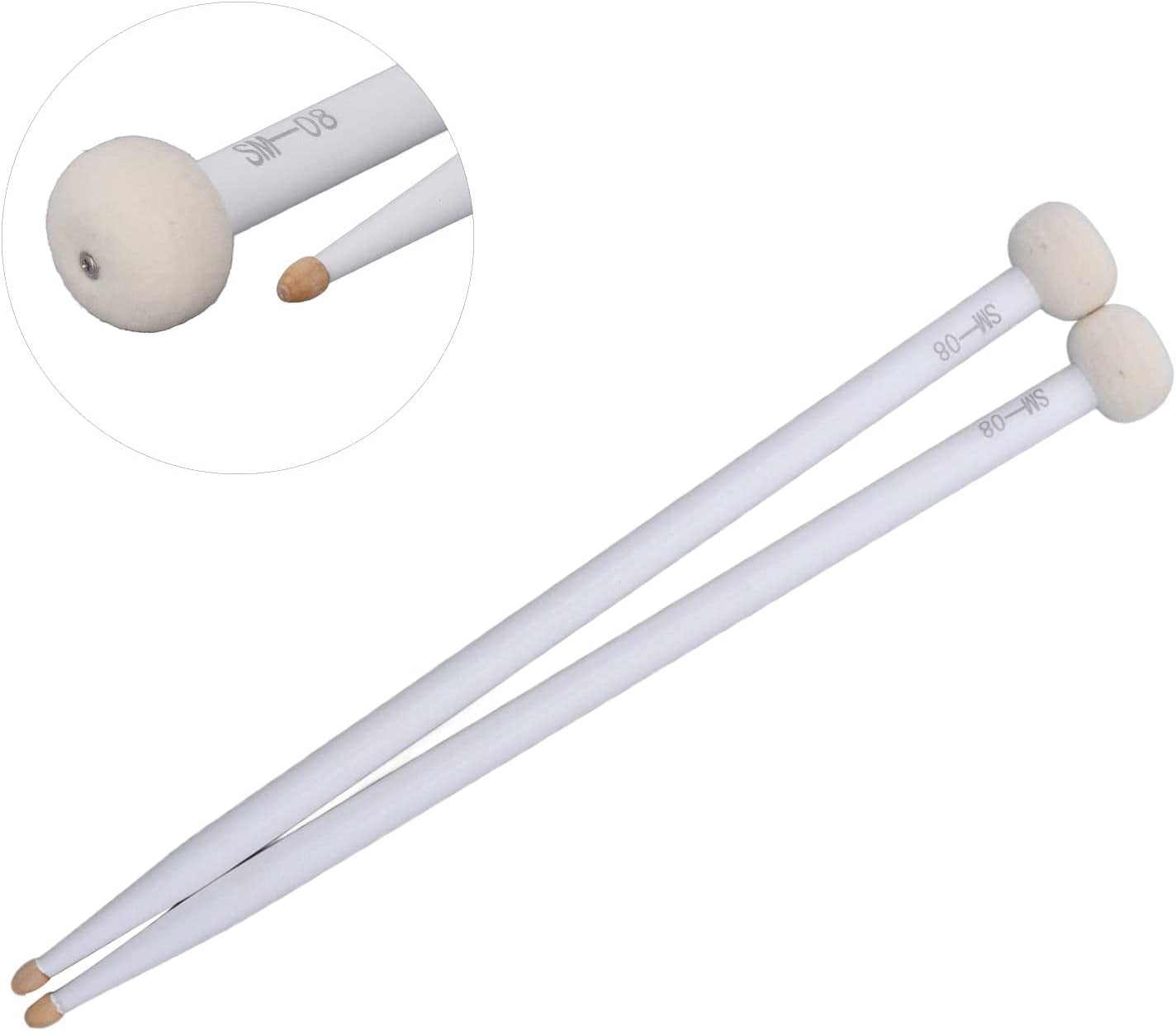 ABCISI 2Pcs Drum Mallet Kit, Non Slip Wooden Handle Felt Head Drum Sticks, For Bass Drums Timpani Snare Drums Performance Accessory, Percussion Instrument Practice Playing Drum Mallets (White)
