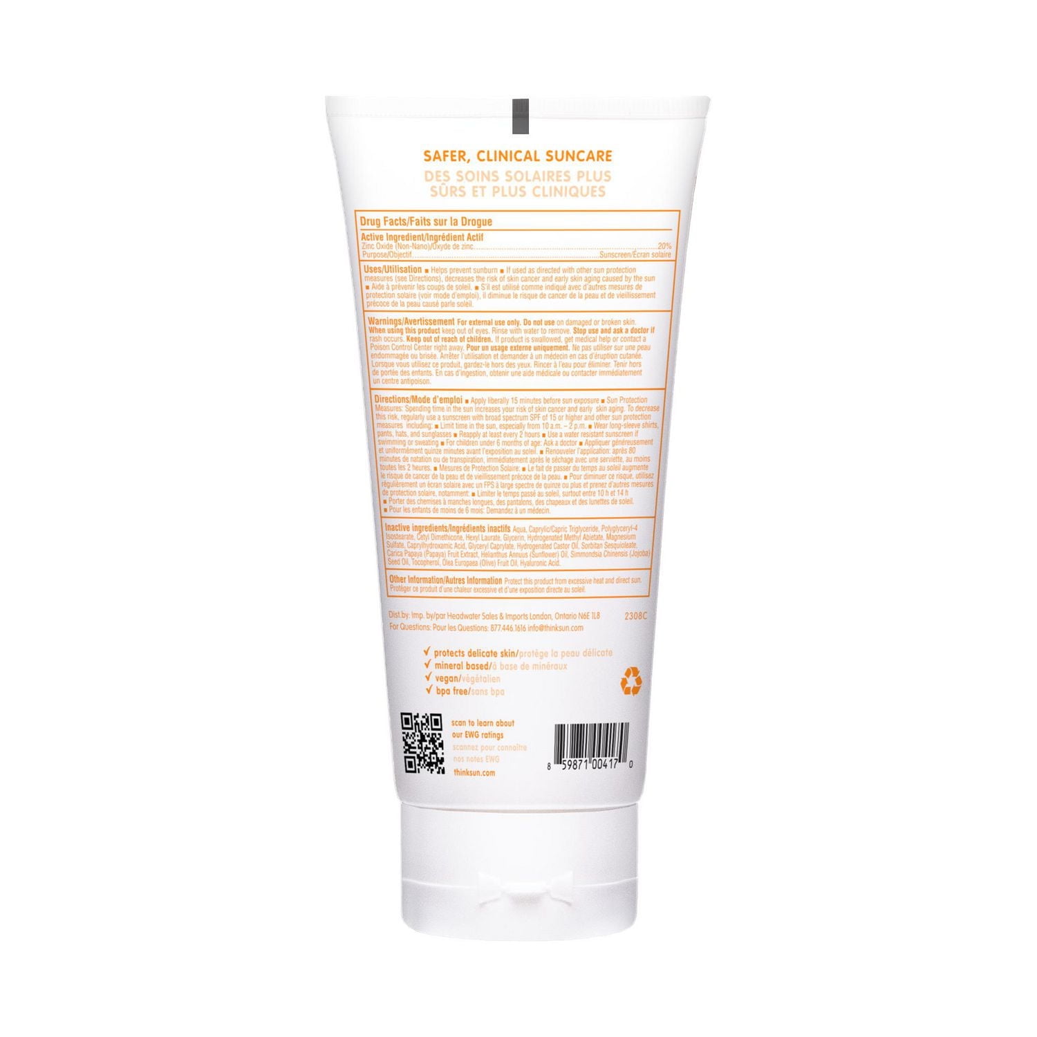 Thinkbaby Safe Sunscreen SPF 50+, 6oz, Mineral based sunscreen, 89ml