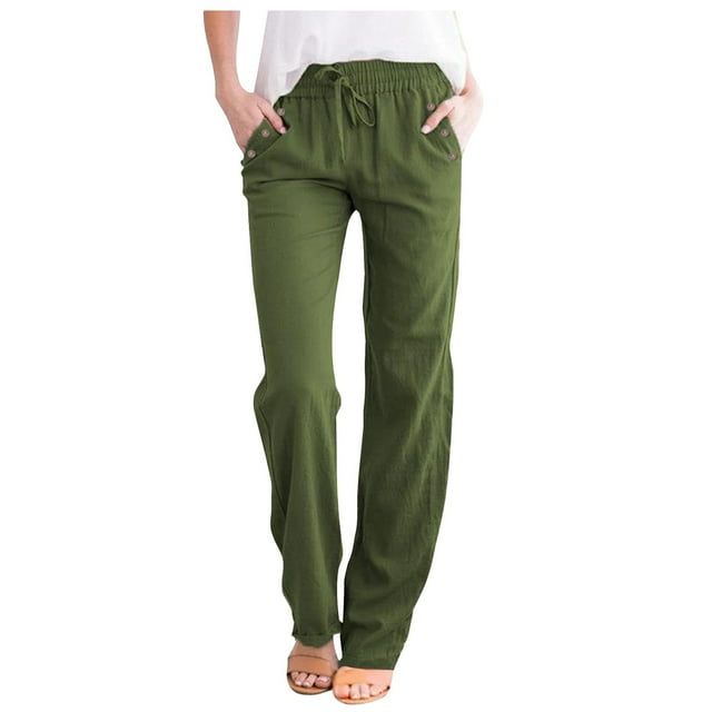 WILLBEST Pants for Women Women High Waisted Wide Leg Solid Color Pants Casual Drawstring Elastic Trousers Comfy Straight Leg Long Pants with Pockets Convertable Pants