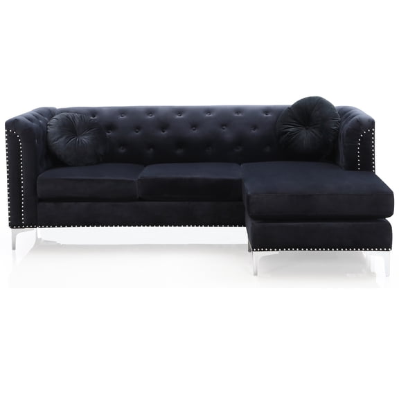 Contemporary Home Living Nailhead Trim Tufted Velvet Sectional Sofa with Throw Pillows - 83" - Black