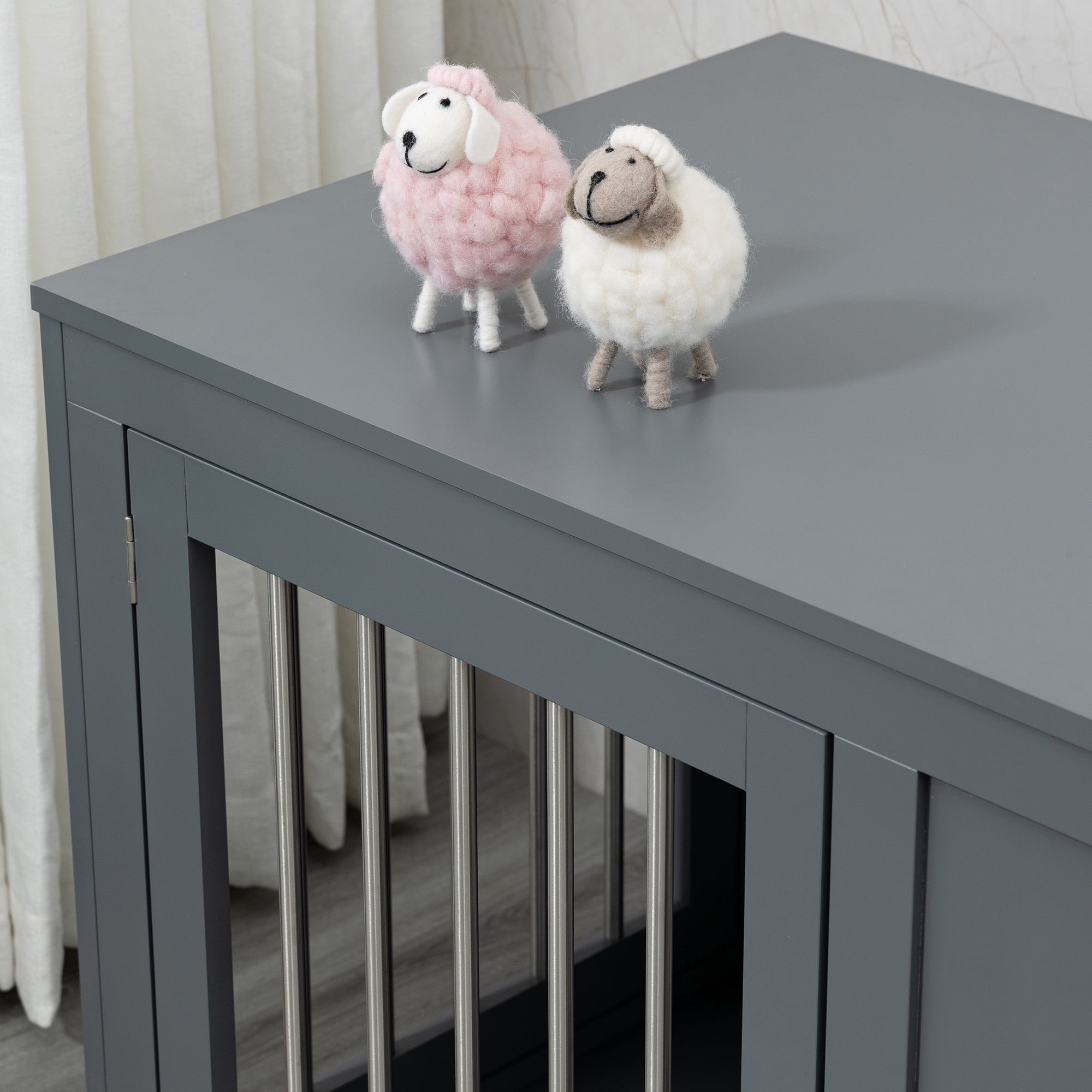 PawHut Dog Crate Furniture Wire Pet Cage Wooden Dog Kennel, End Table with Double Doors, and Locks, for Medium and Large Dog House Indoor Use, Grey