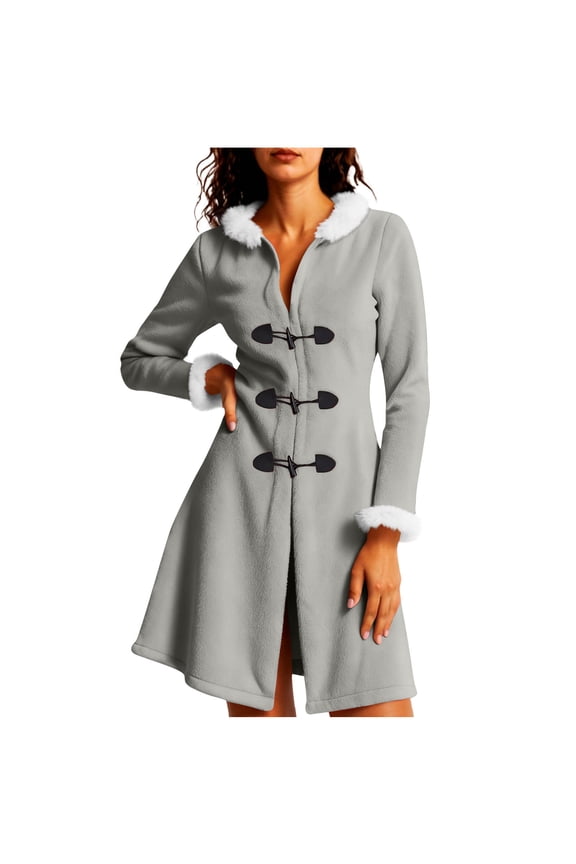 Women's Christmas Winter Coats Fashion Fuzzy Fleece Hooded Jacket with Faux Furs Trims Toggle Buttons Long Sleeve Trench Coat