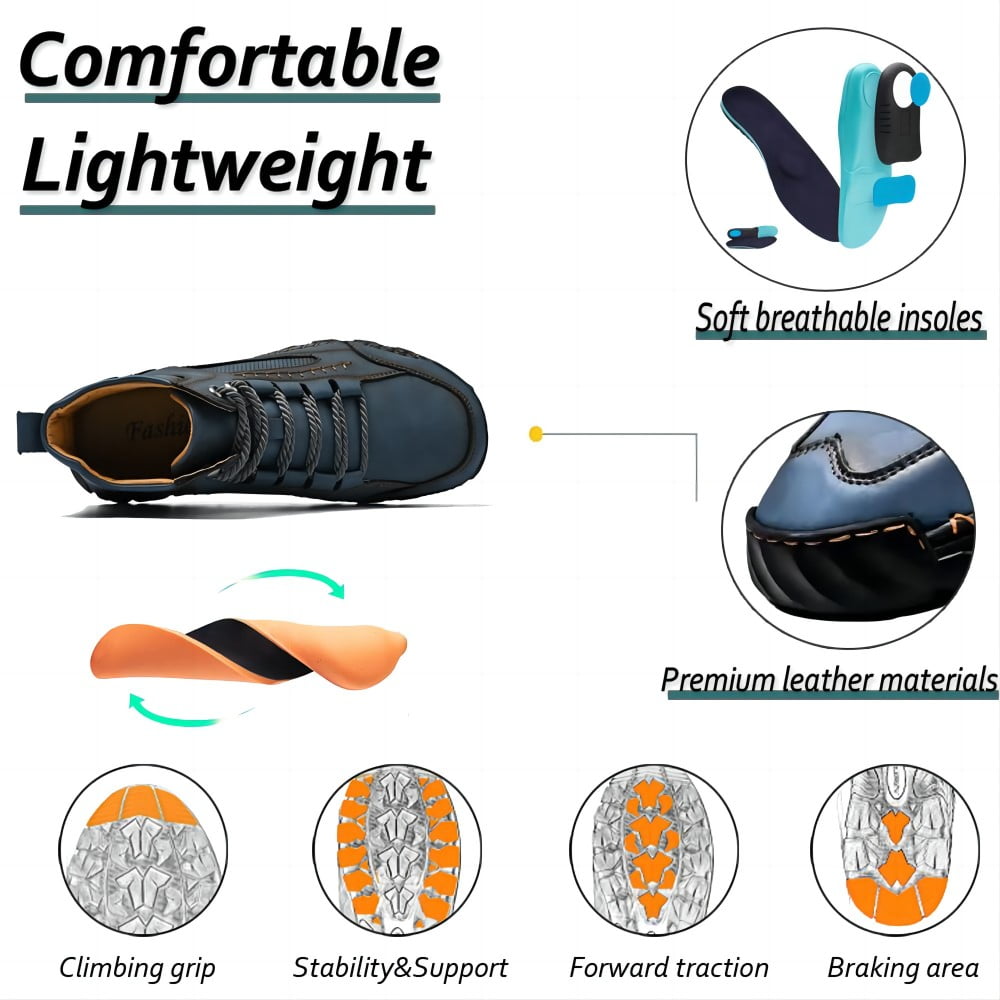 Men's Casual Leather Boots Handmade Lightweight Breathable Anti-slip Impact-resistant Sneakers Chukka Hiking Loafers Shoes Blue 10.5 US