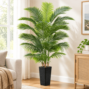 Artificial Palm Tree:6FT Tall Fake Areca Palm Plant (Black Planter)