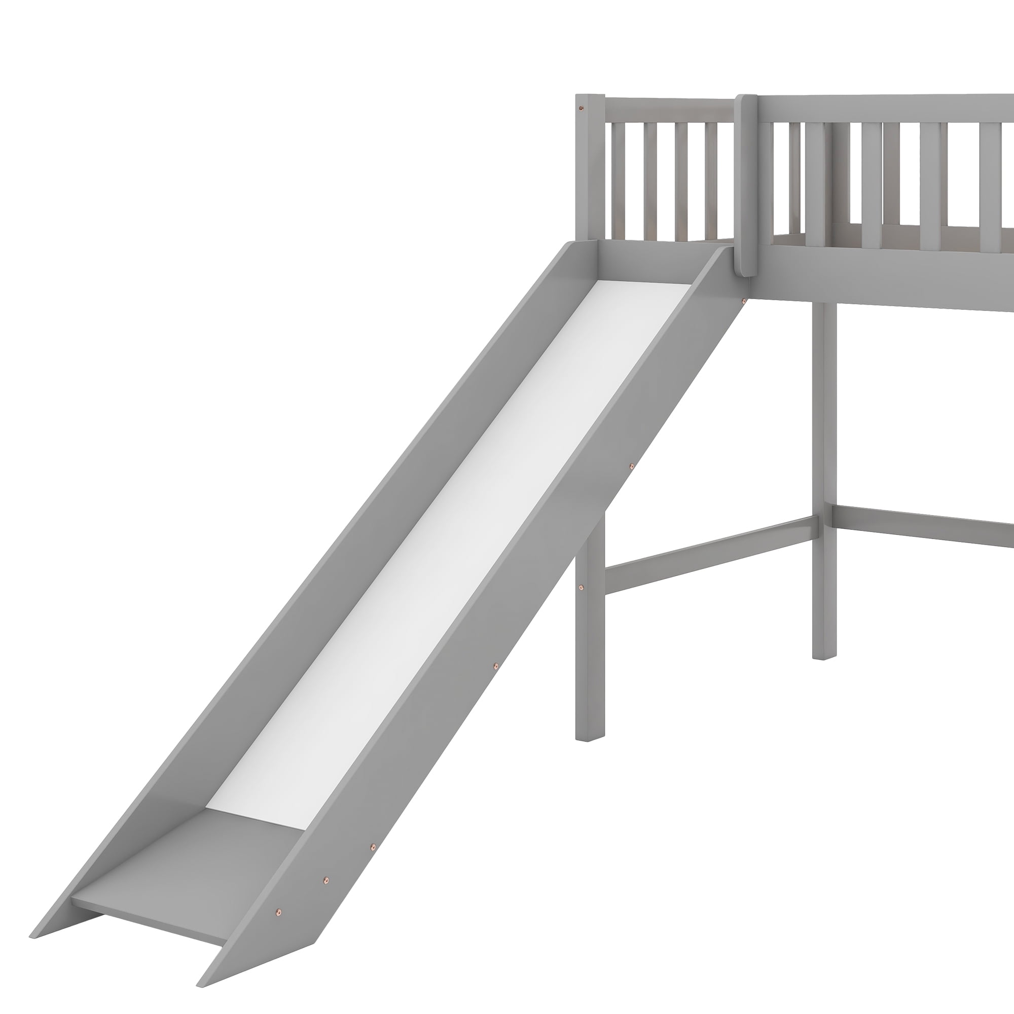MAYEERTY Twin Size Low Loft Bed with Ladder and Slide, Gray