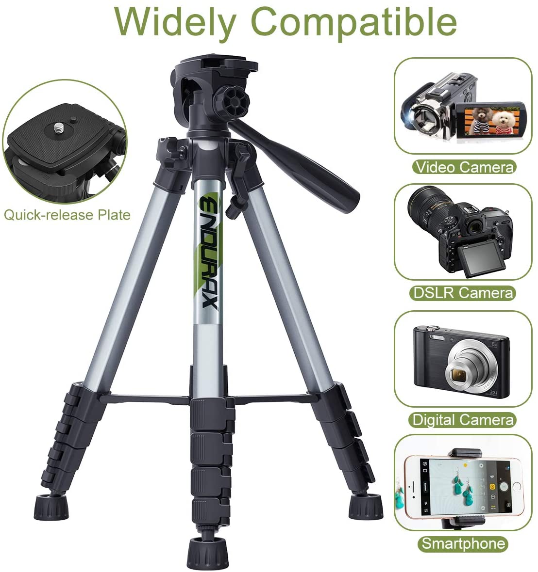 Endurax 66" Video Camera Tripod for Canon Nikon Lightweight Aluminum Travel  DSLR Camera Stand with Universal Phone