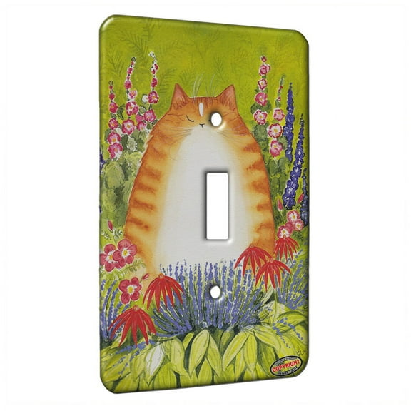 KuzmarK™ Single Gang Toggle Switch Wall Plate - Ginger Tabby Cat with Garden Flowers Art by Denise Every
