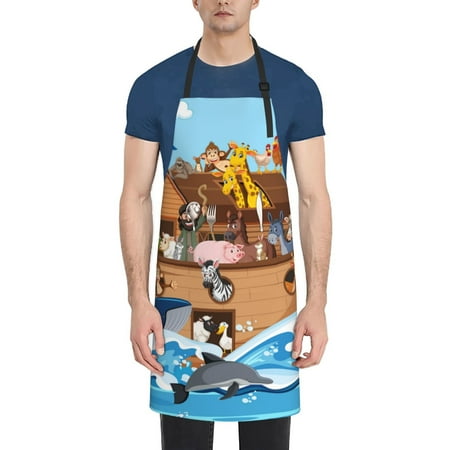 

Pofeuu Animals on Noah s Ark Floating Print Waterproof Apron with Pockets Adjustable Cooking Aprons Kitchen Bib for Baking Household Cleaning