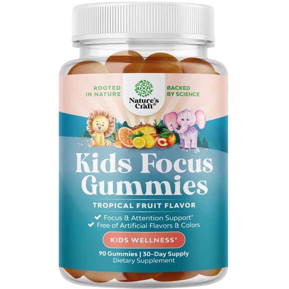 Kids Focus Gummies - Nootropics Brain Support Supplement for Kids with Green Tea Extract, B6 & B12 Vitamins for Memory and Brain Focus - Herbal Concentration Chews for Children - 90 Count