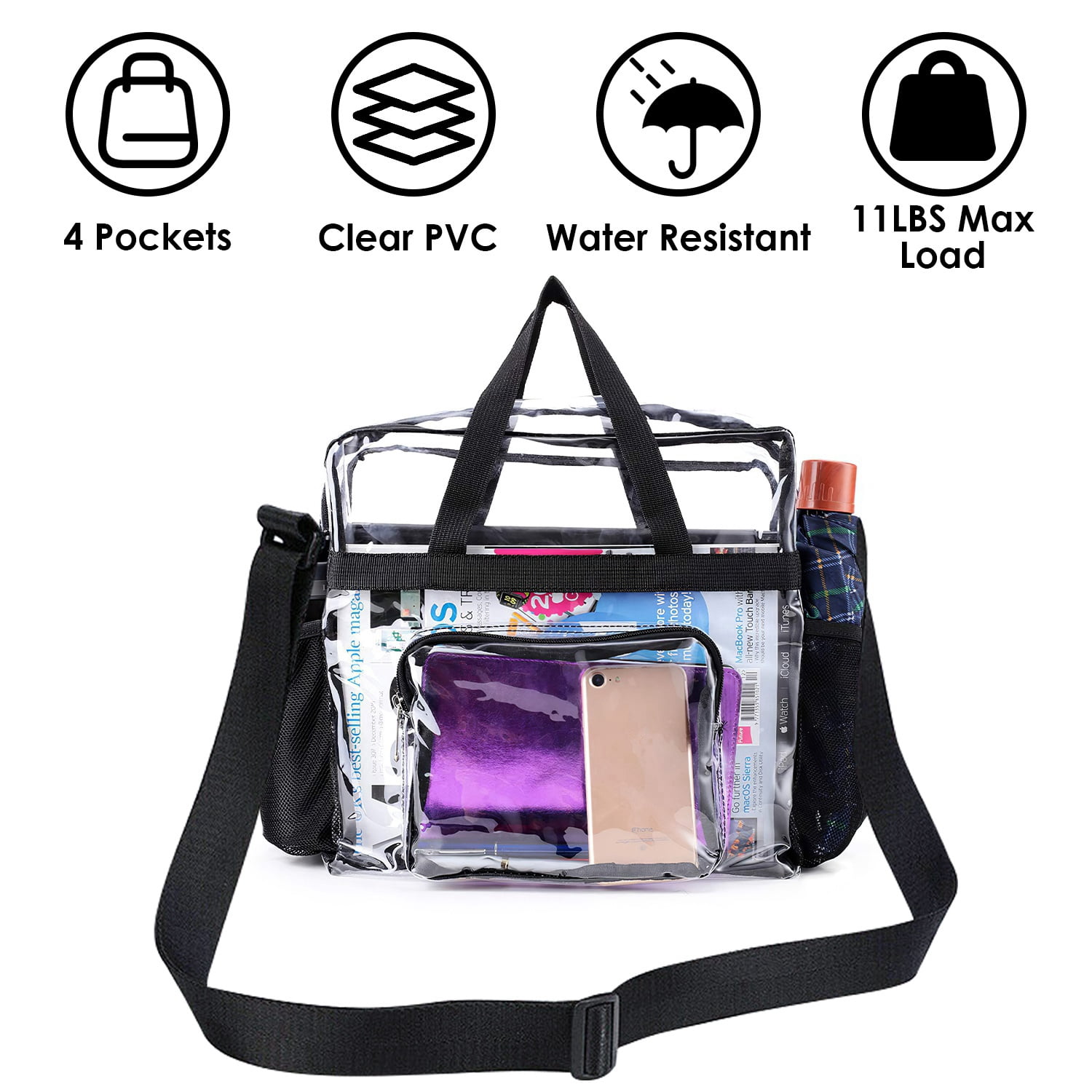 Clear Shoulder Bag Stadium Approved 12×8×11 Clear PVC Tote Lunch Bag with Adjustable Shoulder Strap for Work Travel Sporting Events