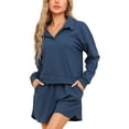 thumbnail image 1 of INSPIRAR CHIC Conjuntos de Pijamas para Mujeres de 2 Piezas, Conjuntos de Lounge de Tejido Waffle, Parte Superior de Manga Larga y Pantalones Cortos con Bolsillos, Talla L, Azul, 1 of 5