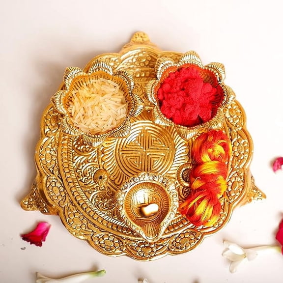 Swadeshi Desire Metal Pooja Thali with Diya for Pooja Home/Temple/Mandir,Decorative Showpiece Pooja Thali Set for Diwali Poojan Wedding Gift Article, Gold