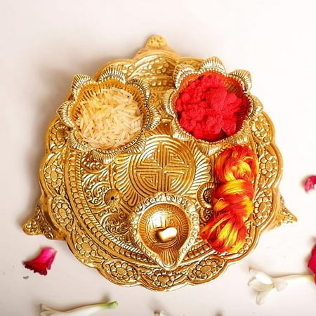Swadeshi Desire Metal Pooja Thali with Diya for Pooja Home/Temple/Mandir Decorative Showpiece Pooja Thali Set for Diwali Poojan Wedding Gift Article Gold