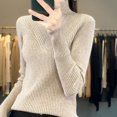 thumbnail image 4 of Gyexs V Neck Sweaters for Women Solid Turtleneck Knit Sweater Fall Loose Knit Pullover Sweater Tops Fall Winter Outfits, Khaki, Size XXL, 4 of 5