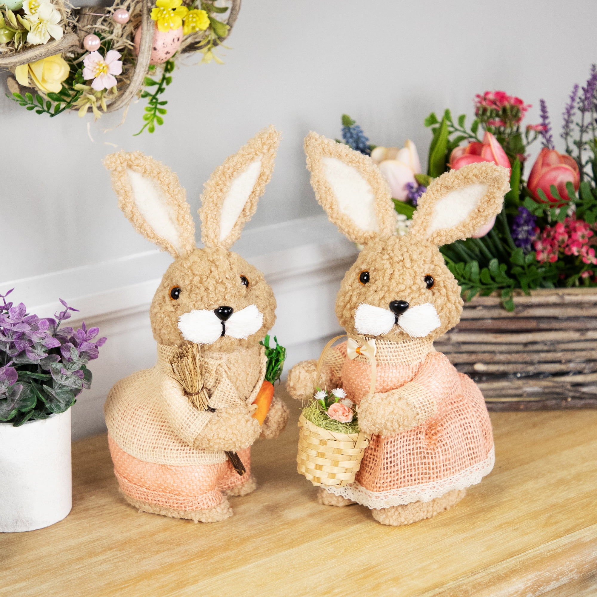 Northlight Plush Girl Easter Rabbit Decoration with Basket - 10"