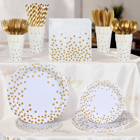 140pcs White Gold Party Supplies Decorations Serve 20, Paper Plates and Napkins Set, Disposable Party Decorations, Plastic Forks Knives Spoons, Paper Plates Napkins Cups Baby Shower Birthday Wedding