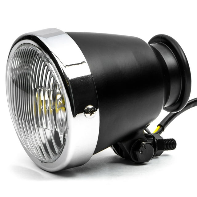 Krator 4.25" Mini Headlight w/ High Low Beam Lights LED Bulb Black w/ Chrome Housing Compatible with Harley Davidson Softail Cross Bones Deuce Rocker