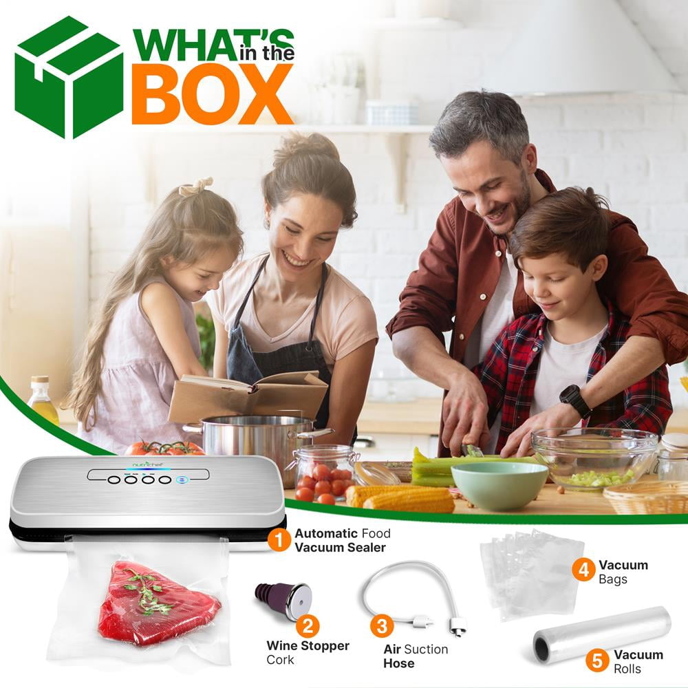 NutriChef Automatic Food Vacuum Sealer, High Suction Air Sealing Machine for Dry & Moist Foods, LED Touch Controls, Includes Bags, Hose & Wine Stopper