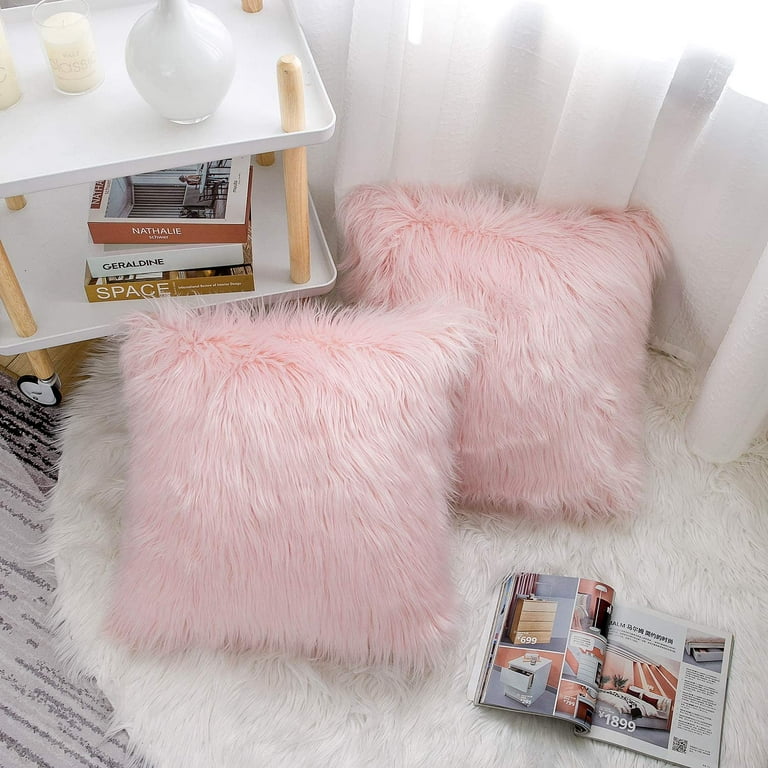 Homgreen Pink Fluffy Pillow Covers New Luxury Series Merino Style Blush  Faux Fur Decorative Throw Pillow Covers Square Fuzzy Cushion Case 18x18  Inch,2 PCS 