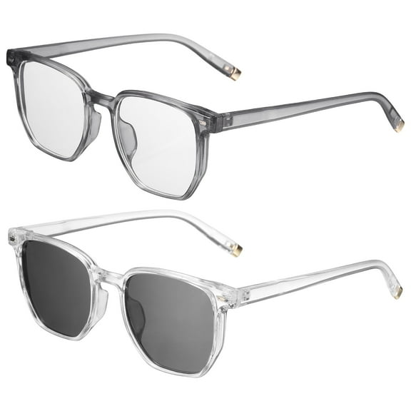 2pack Sunglasses for Women Men, PC Square Sunglasses, Transparent Gray