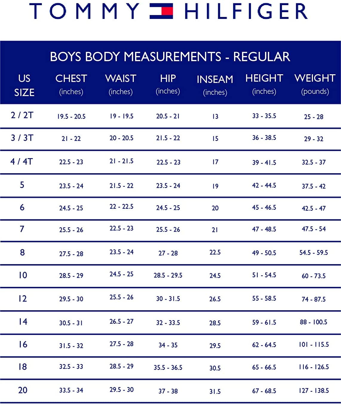 Tommy Hilfiger Children's Size Chart