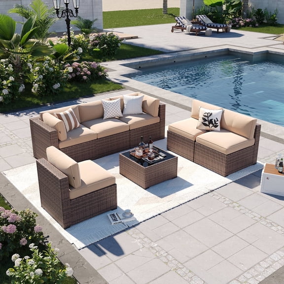 Dateyes 7 Piece Patio Furniture Set Wicker Rattan Patio Conversation Set Outdoor Sectional Sofa Set with Coffee Table and 4” Thickened Cushions, Beige(Waterproof Cover Included)