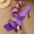 thumbnail image 4 of Kitten Heels for Women Braided Band Stiletto Sandals Square Open Toe Slip on Mules Solid Color Summer Casual Slides Purple Size 8.5, 4 of 7