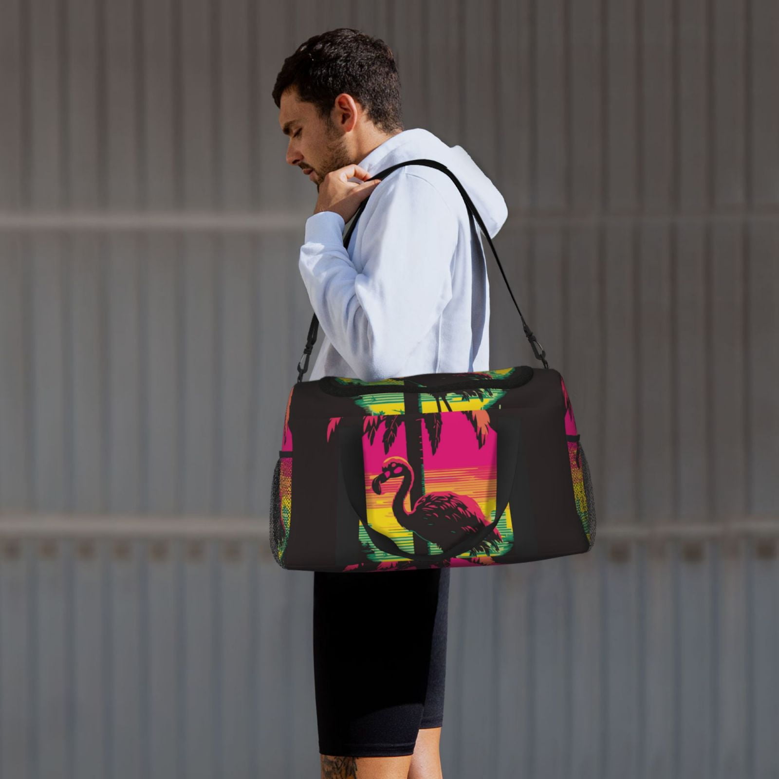Fuzoiu Flamingo And Palm Trees At Sunset Print Travel Duffle Bag,Carry On Tote Bags,Duffel Bag,Sport Gym Bag, Hospital Bag for Labor and Delivery, Overnight Bag,Luggage Bag