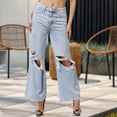 thumbnail image 6 of EDFBUYKRS Female Women Pants Casual Teacher Pants Petite Women Ladies Solid Loose Wide Leg Ripped Jeans Denim Pants Trousers M, 6 of 9